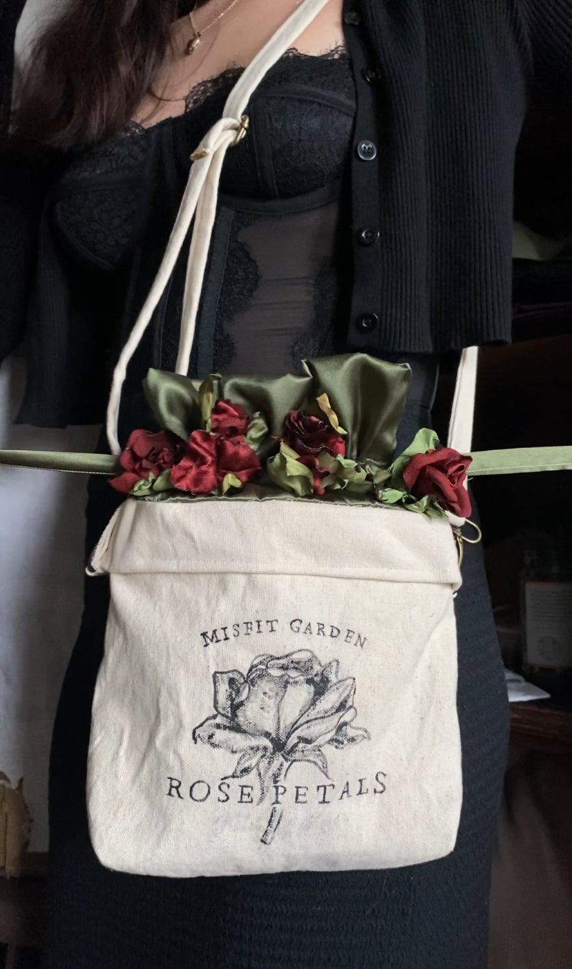 Wilted Floral  Handmade Drawstring Tote Purse | Misfit Garden collection